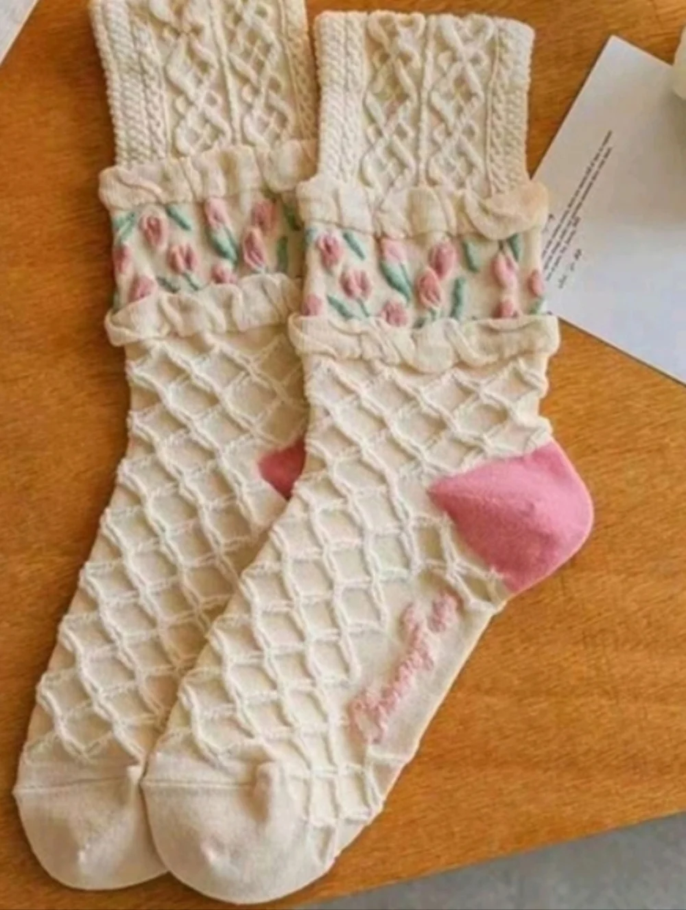 Cream Cable Knit Mid-calf Socks with Pink Heel and Floral Trim